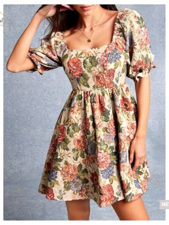 Floral Square Neck Ruffle Short Dress Puff Sleeve Smocked A-Line Mini - Picture 4 of 5